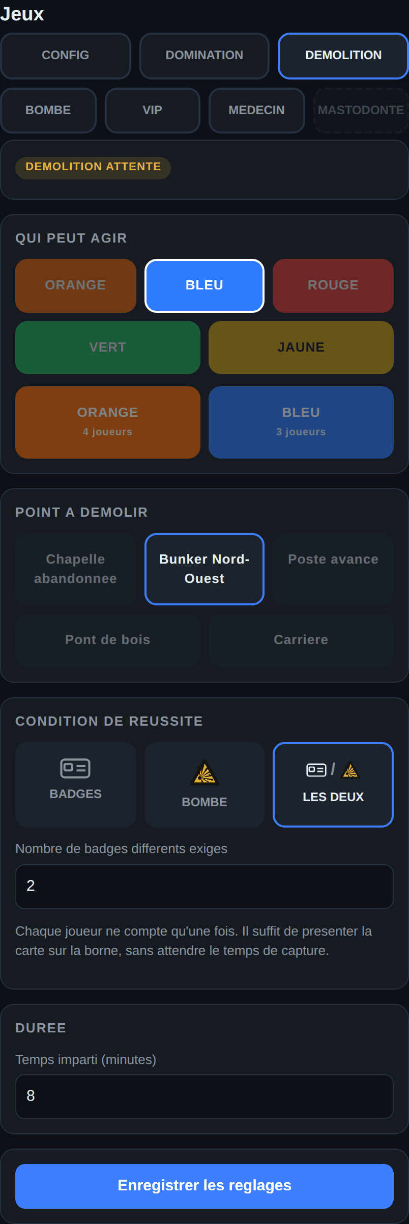 Le point cible, le mode, et le nombre de badges à réunir.
