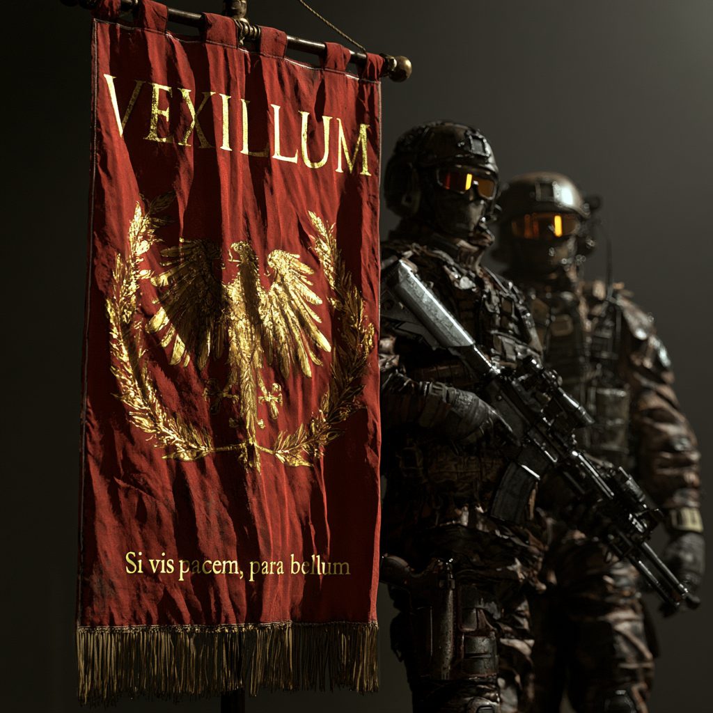 Le vexillum : bannière rouge VEXILLUM à l'aigle doré, devise « Si vis pacem, para bellum », devant deux soldats en tenue tactique